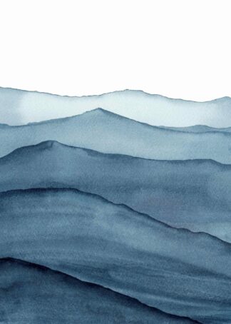 Abstract indigo blue watercolor waves mountains poster