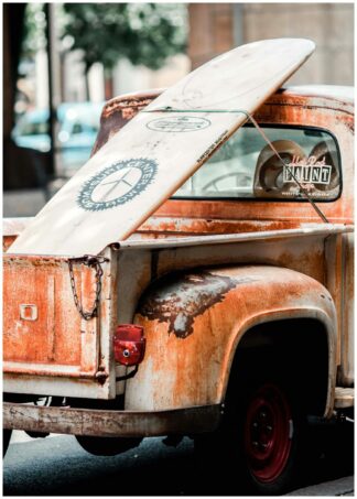 surfboard on pickup vintage poster