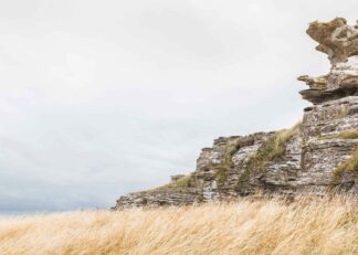 Limestone cliff next to grass field poster