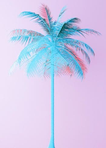 Neon blue palm on pink background poster