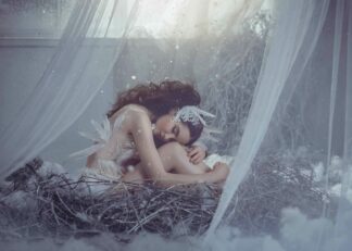 Bird girl embracing legs in a nest photo manipulation poster