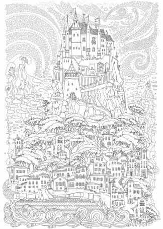 Fairy tale castle on a hill hand-drawing poster