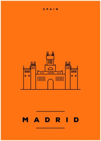 madrid illustration on orange background poster